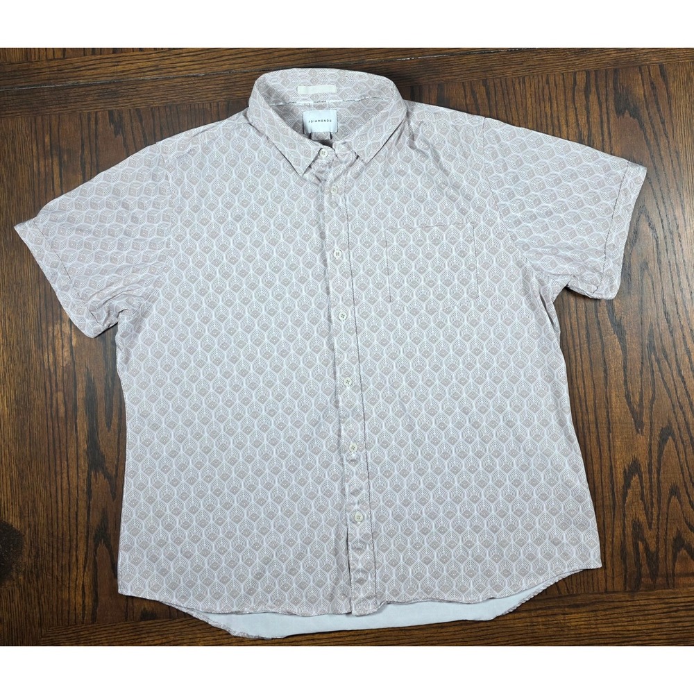 7 Diamonds Mens Short Sleeve Button Down Shirt Tan Geometric Print Size L
